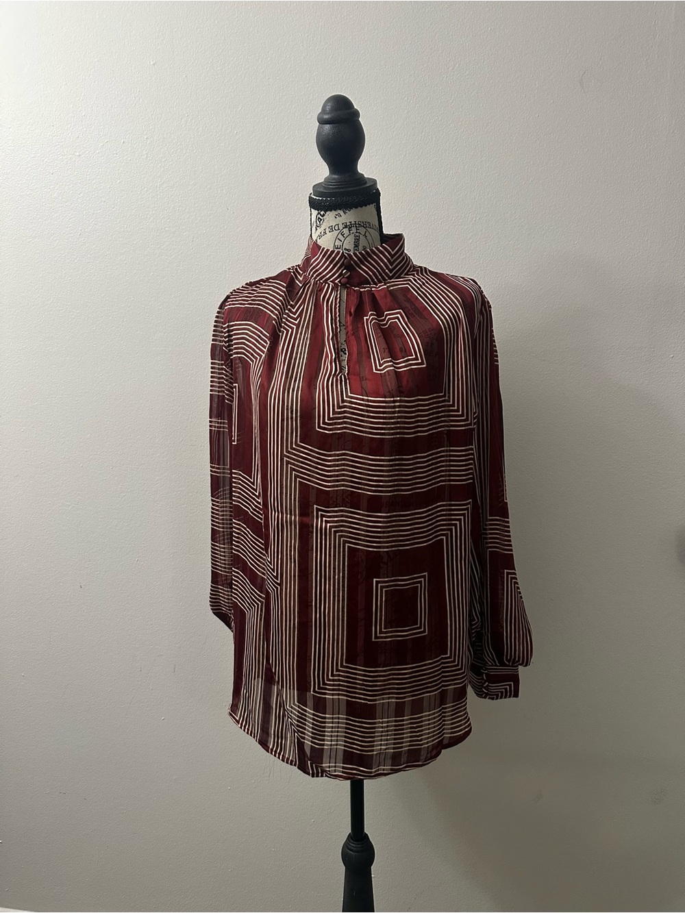 H&M Patterned Geometric Blouse Deep Red & White Sheer Top - Picture 2 of 5